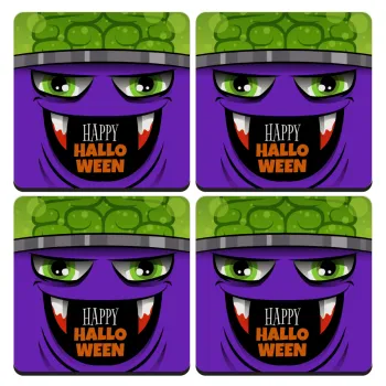 Halloween trick or treat Monster, ΣΕΤ 4 Σουβέρ ξύλινα τετράγωνα (9cm)