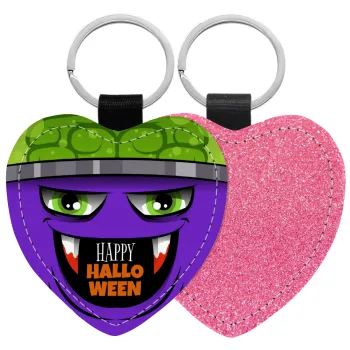 Halloween trick or treat Monster, Μπρελόκ PU δερμάτινο glitter καρδιά ΡΟΖ