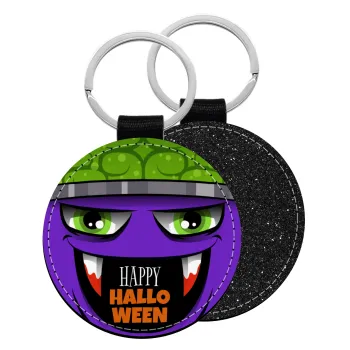 Halloween trick or treat Monster, Μπρελόκ Δερματίνη, στρογγυλό ΜΑΥΡΟ (5cm)