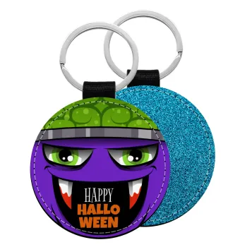 Halloween trick or treat Monster, Μπρελόκ Δερματίνη, στρογγυλό ΜΠΛΕ (5cm)