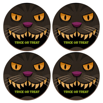 Halloween trick or treat Cat, ΣΕΤ x4 Σουβέρ ξύλινα στρογγυλά plywood (9cm)