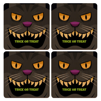 Halloween trick or treat Cat, ΣΕΤ x4 Σουβέρ ξύλινα τετράγωνα plywood (9cm)