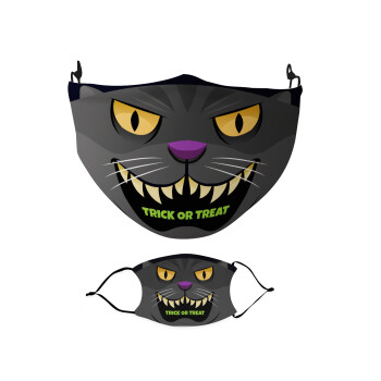 Halloween trick or treat Cat, Μάσκα υφασμάτινη Ενηλίκων πολλαπλών στρώσεων με υποδοχή φίλτρου