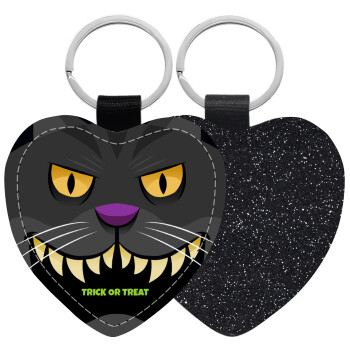 Halloween trick or treat Cat, Μπρελόκ PU δερμάτινο glitter καρδιά ΜΑΥΡΟ