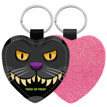Halloween trick or treat Cat, Μπρελόκ PU δερμάτινο glitter καρδιά ΡΟΖ