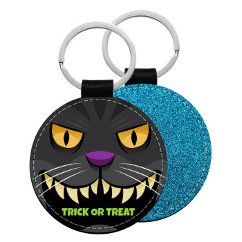 Halloween trick or treat Cat, Μπρελόκ Δερματίνη, στρογγυλό ΜΠΛΕ (5cm)