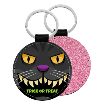 Halloween trick or treat Cat, Μπρελόκ Δερματίνη, στρογγυλό ΡΟΖ (5cm)