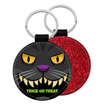 Halloween trick or treat Cat, Μπρελόκ Δερματίνη, στρογγυλό ΚΟΚΚΙΝΟ (5cm)