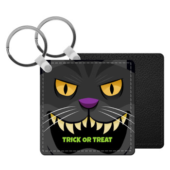 Halloween trick or treat Cat, Μπρελόκ Δερματίνη, τετράγωνο ΜΑΥΡΟ (5x5cm)