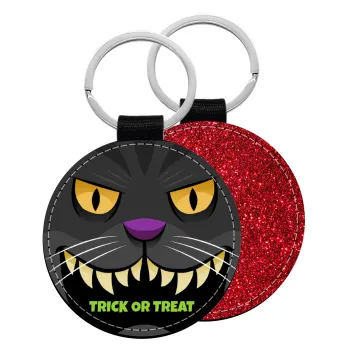 Halloween trick or treat Cat, Μπρελόκ Δερματίνη, στρογγυλό ΚΟΚΚΙΝΟ (5cm)