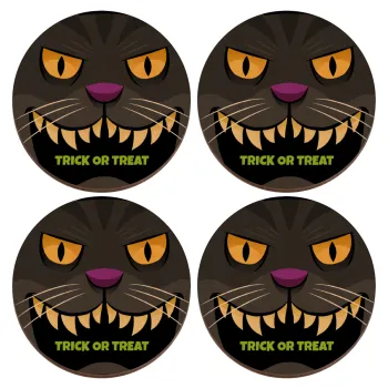 Halloween trick or treat Cat, ΣΕΤ x4 Σουβέρ ξύλινα στρογγυλά plywood (9cm)
