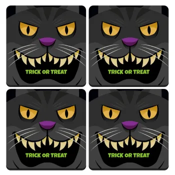 Halloween trick or treat Cat, ΣΕΤ 4 Σουβέρ ξύλινα τετράγωνα (9cm)