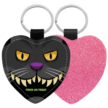 Halloween trick or treat Cat, Μπρελόκ PU δερμάτινο glitter καρδιά ΡΟΖ