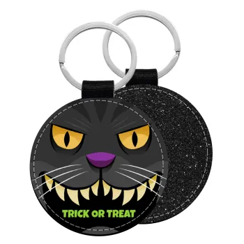 Halloween trick or treat Cat, Μπρελόκ Δερματίνη, στρογγυλό ΜΑΥΡΟ (5cm)