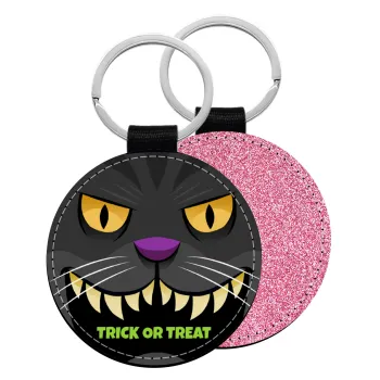 Halloween trick or treat Cat, Μπρελόκ Δερματίνη, στρογγυλό ΡΟΖ (5cm)
