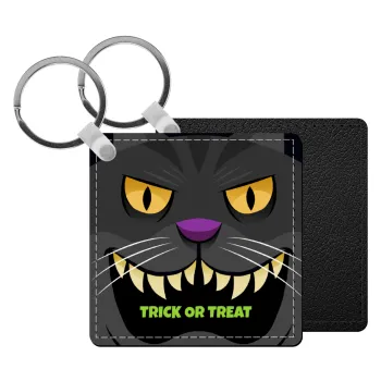 Halloween trick or treat Cat, Μπρελόκ Δερματίνη, τετράγωνο ΜΑΥΡΟ (5x5cm)