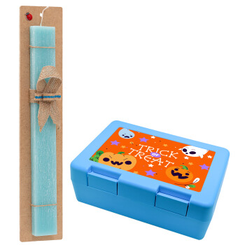 Halloween trick or treat Ghosts and Pumpkins, Πασχαλινή Λαμπάδα με παιδικό δοχείο κολατσιού ΓΑΛΑΖΙΟ & κερί αρωματικό πλακέ (30cm) (ΤΙΡΚΟΥΑΖ)