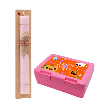 Halloween trick or treat Ghosts and Pumpkins, Easter Set, children's snack container PINK & scented flat Easter candle (30cm) (PINK)