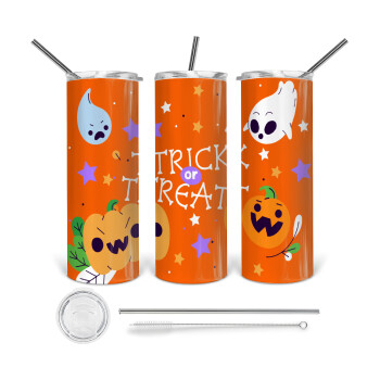 Halloween trick or treat Ghosts and Pumpkins, 360 Eco friendly ποτήρι θερμό (tumbler) από ανοξείδωτο ατσάλι 600ml, με μεταλλικό καλαμάκι & βούρτσα καθαρισμού