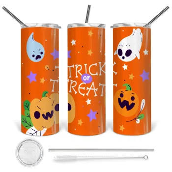 Halloween trick or treat Ghosts and Pumpkins, Tumbler ποτήρι θερμό από ανοξείδωτο ατσάλι 600ml, με μεταλλικό καλαμάκι & βούρτσα καθαρισμού