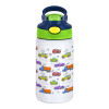 Colorful cars, Children's hot water bottle, stainless steel, with safety straw, green, blue (350ml)