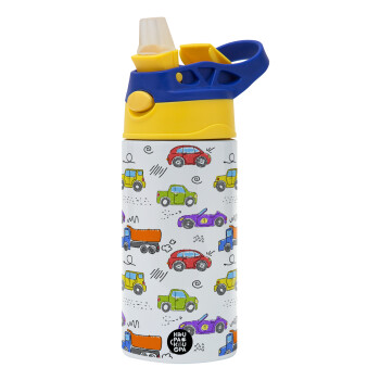 Colorful cars, Children's hot water bottle, stainless steel, with safety straw, green, blue (360ml) BPA FREE