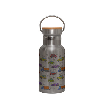 Colorful cars, Stainless steel metallic thermos flask, silver with a bamboo lid, double-walled, 350ml.