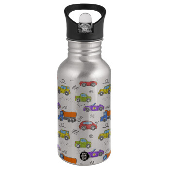 Colorful cars, Water bottle Silver with straw, stainless steel 500ml