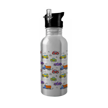 Colorful cars, Water bottle Silver with straw, stainless steel 600ml