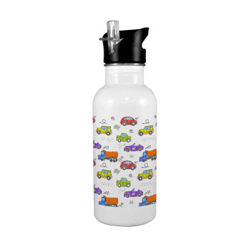 Colorful cars, White water bottle with straw, stainless steel 600ml