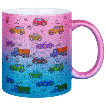 Colorful cars, Κούπα Χρυσή/Μπλε Glitter, κεραμική, 330ml