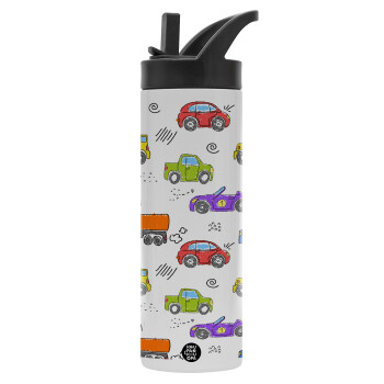 Colorful cars, Metallic thermos bottle with straw & handle, stainless steel (Stainless steel 304), double-walled, 600ml.