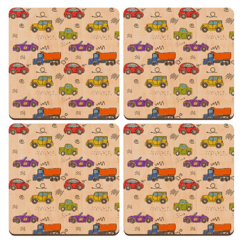 Colorful cars, ΣΕΤ x4 Σουβέρ ξύλινα τετράγωνα plywood (9cm)