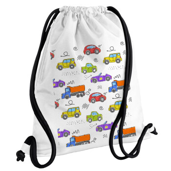 Colorful cars, Τσάντα πλάτης πουγκί GYMBAG λευκή, με τσέπη (40x48cm) & χονδρά κορδόνια