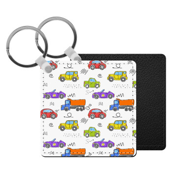Colorful cars, Μπρελόκ Δερματίνη, τετράγωνο ΜΑΥΡΟ (5x5cm)