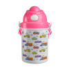 Αμαξάκια, Ροζ παιδικό παγούρι πλαστικό (BPA-FREE) με καπάκι ασφαλείας, κορδόνι και καλαμάκι, 400ml