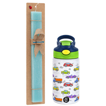 Colorful cars, Πασχαλινό Σετ, Παιδικό παγούρι θερμό, ανοξείδωτο, με καλαμάκι ασφαλείας, πράσινο/μπλε (350ml) & πασχαλινή λαμπάδα αρωματική πλακέ (30cm) (ΤΙΡΚΟΥΑΖ)