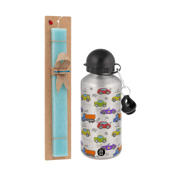 Colorful cars, Easter Set, metallic silver aluminum water bottle (500ml) & scented flat Easter candle (30cm) (TURQUOISE)