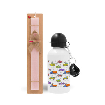 Colorful cars, Easter Set, metallic aluminum bottle (500ml) & aromatic flat Easter candle (30cm) (PINK)