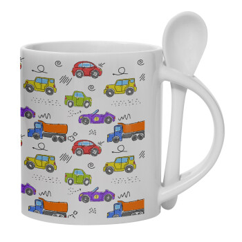 Colorful cars, Ceramic coffee mug with Spoon, 330ml (1pcs)
