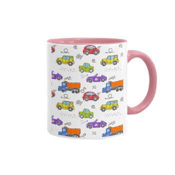 Colorful cars, Mug colored pink, ceramic, 330ml
