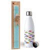 Easter Set, metallic stainless steel water bottle (750ml) & aromatic flat Easter candle (30cm) (TURQUOISE)