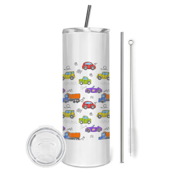 Colorful cars, Eco friendly stainless steel tumbler 600ml, with metal straw & cleaning brush