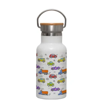 Colorful cars, Metallic thermos (Stainless steel) White with wooden lid (bamboo), double-walled, 350ml