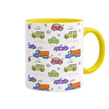Colorful cars, Mug colored yellow, ceramic, 330ml