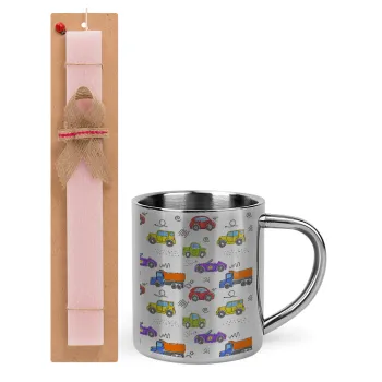Colorful cars, Easter Set, metallic thermal cup (300ml) & aromatic flat Easter candle (30cm) (PINK)