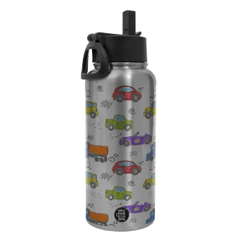 Colorful cars, Metal mug thermo Silver with Straw and Spout Lid (Stainless steel), double wall, 950ml