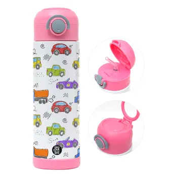 Colorful cars, Children's hot water bottle, stainless steel, with safety straw, PINK (500ml)