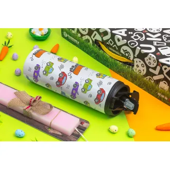 Colorful cars, Easter candle,Travel Tumbler 2 Lids, with metal straw & cleaning brush & aromatic flat candle (30cm) (PINK)