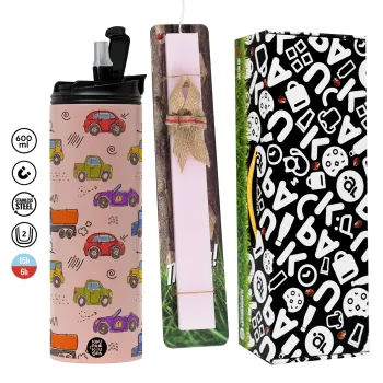 Αμαξάκια, Πασχαλινή Λαμπάδα με  ΡΟΖ Travel Tumbler θερμό (600ml, BPA free) & κερί αρωματικό πλακέ (30cm) (ΡΟΖ)
